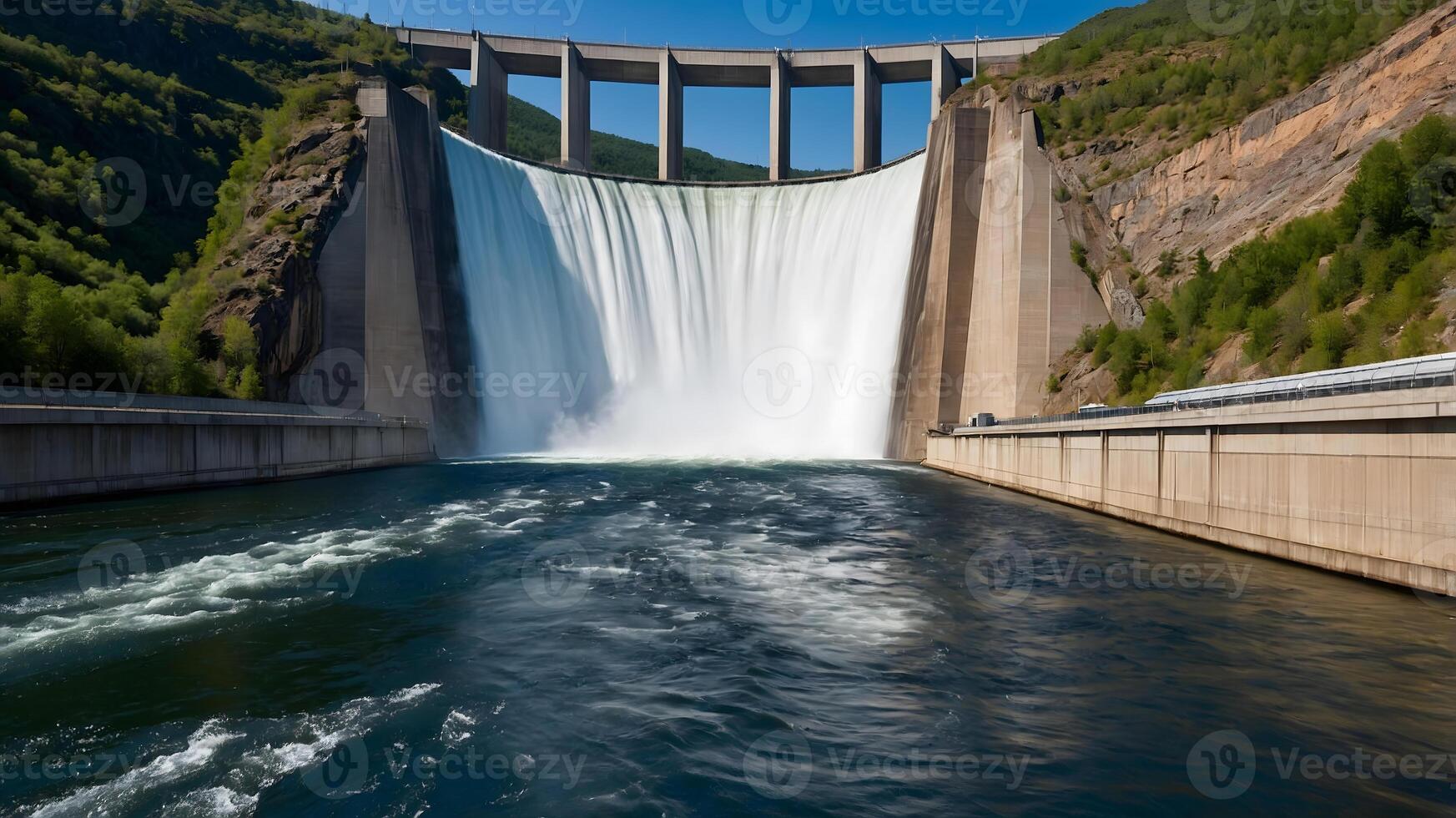 A large dam with water flowing over it photo