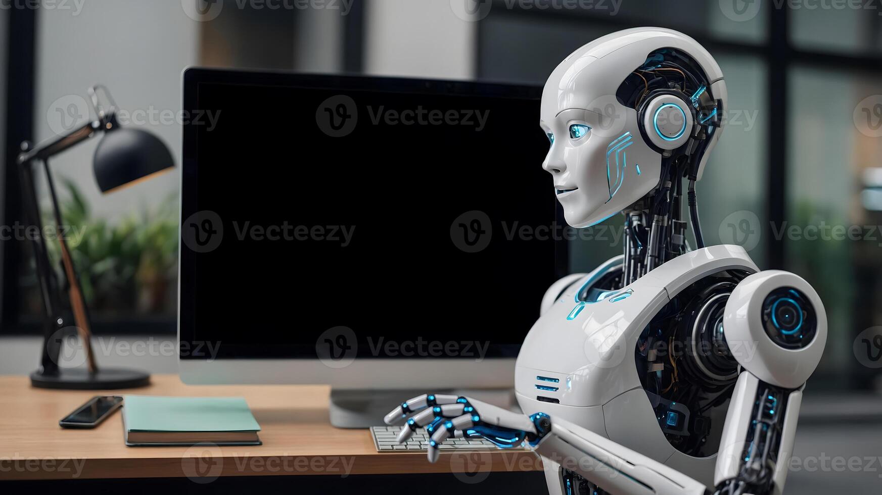 A robot sitting at a desk with a computer photo