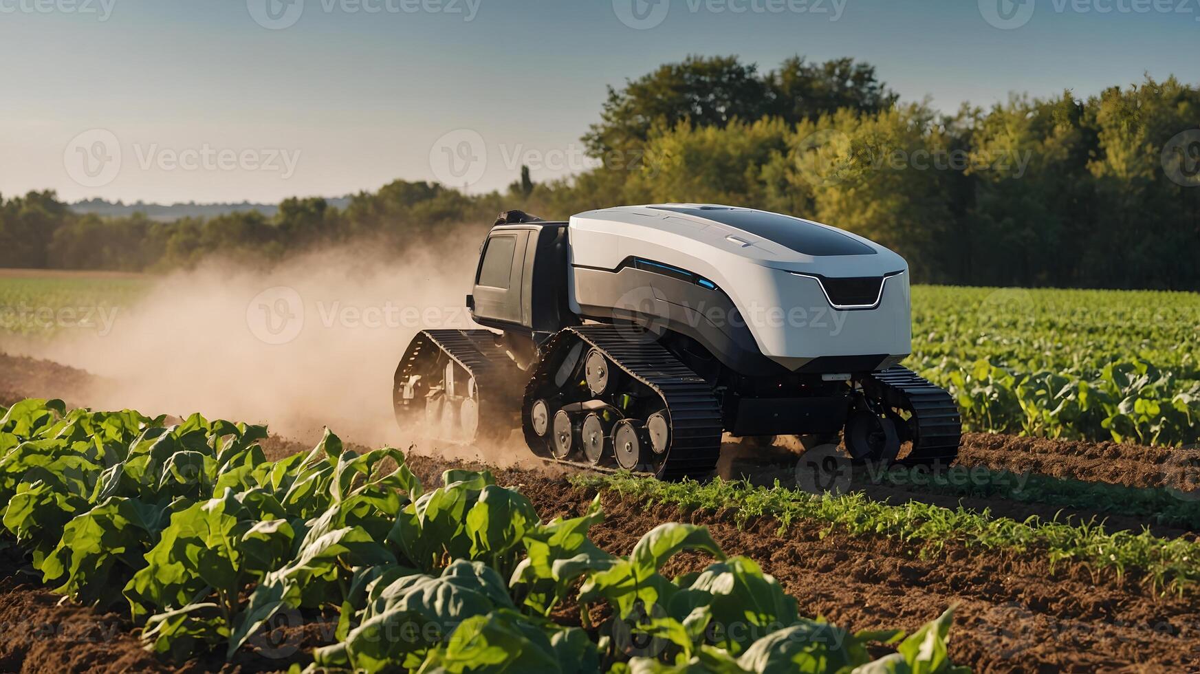 A tractor is driving through a field harvesting crops photo