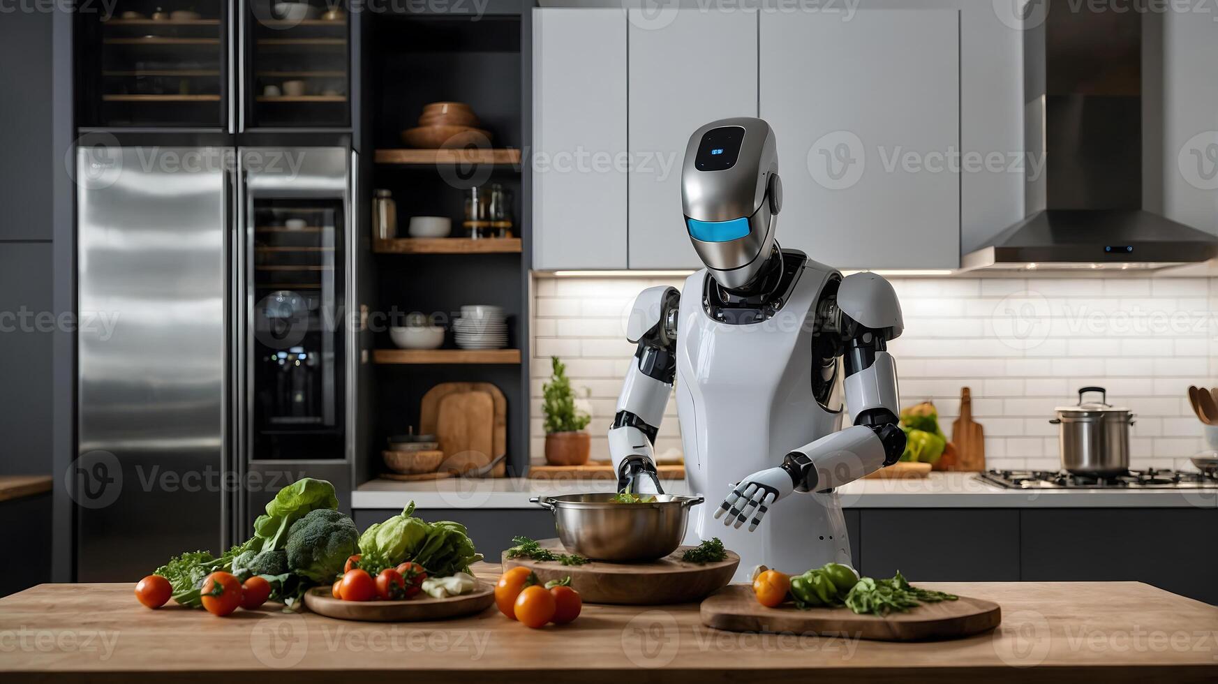 Robot in kitchen preparing food photo