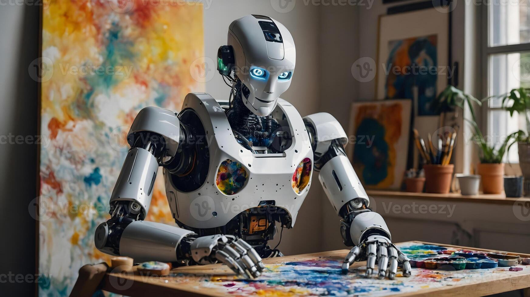 A robot is sitting at a table with paint on it photo