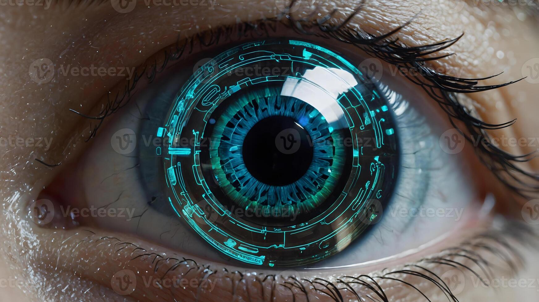 A close up of a person's eye with a futuristic eye photo