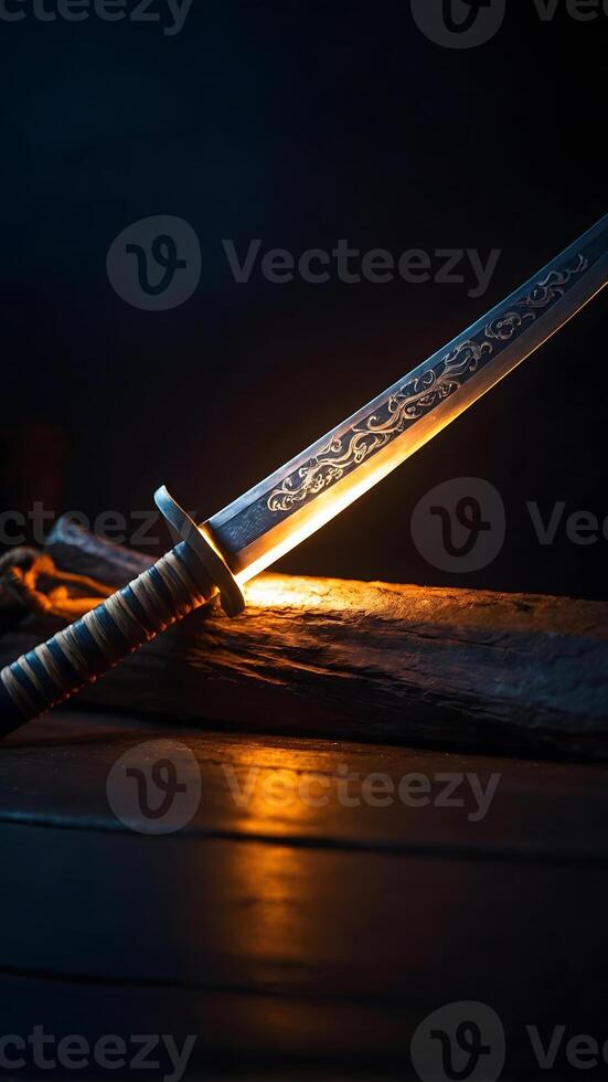 Sword on a wooden table with a light shining on it photo