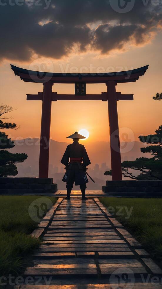 A man in a hat stands in front of a tori gate at sunset photo