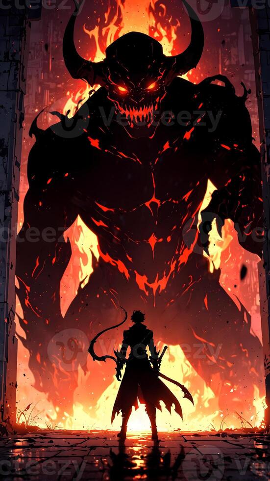An anime demon standing in front of a door with flames coming out of it photo
