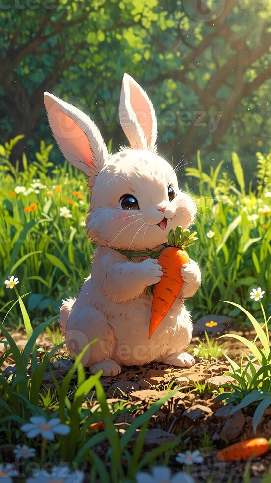 A white rabbit is holding a carrot in the grass photo