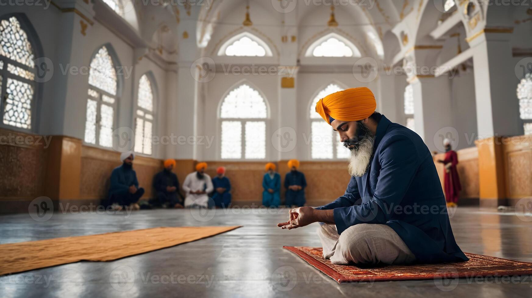 A man in a turban sitting on the floor in a room photo