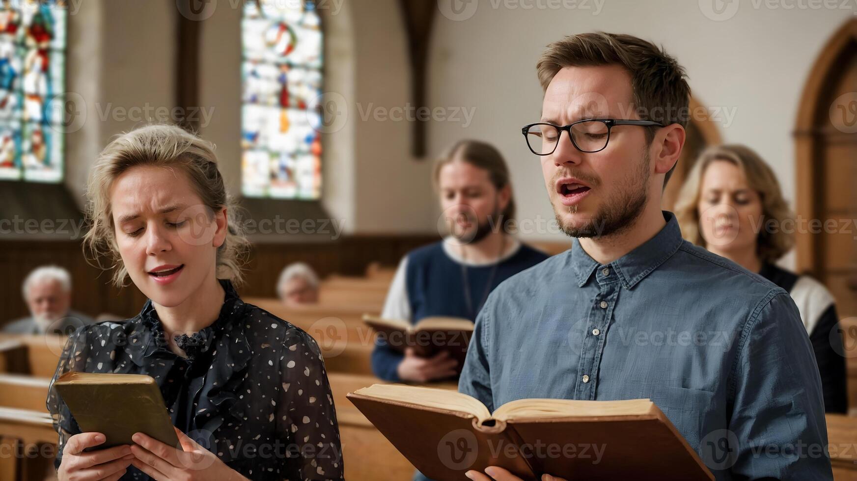 A group of people singing in a church photo