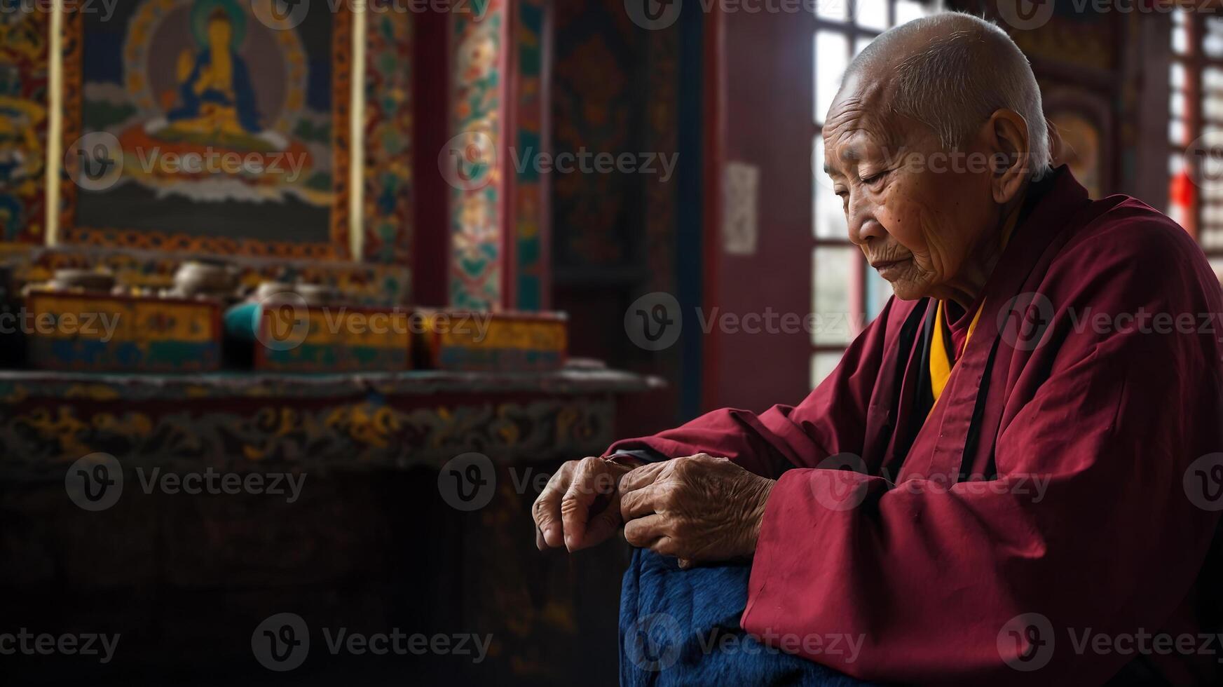 An old monk sitting in a room with a buddhist statue photo
