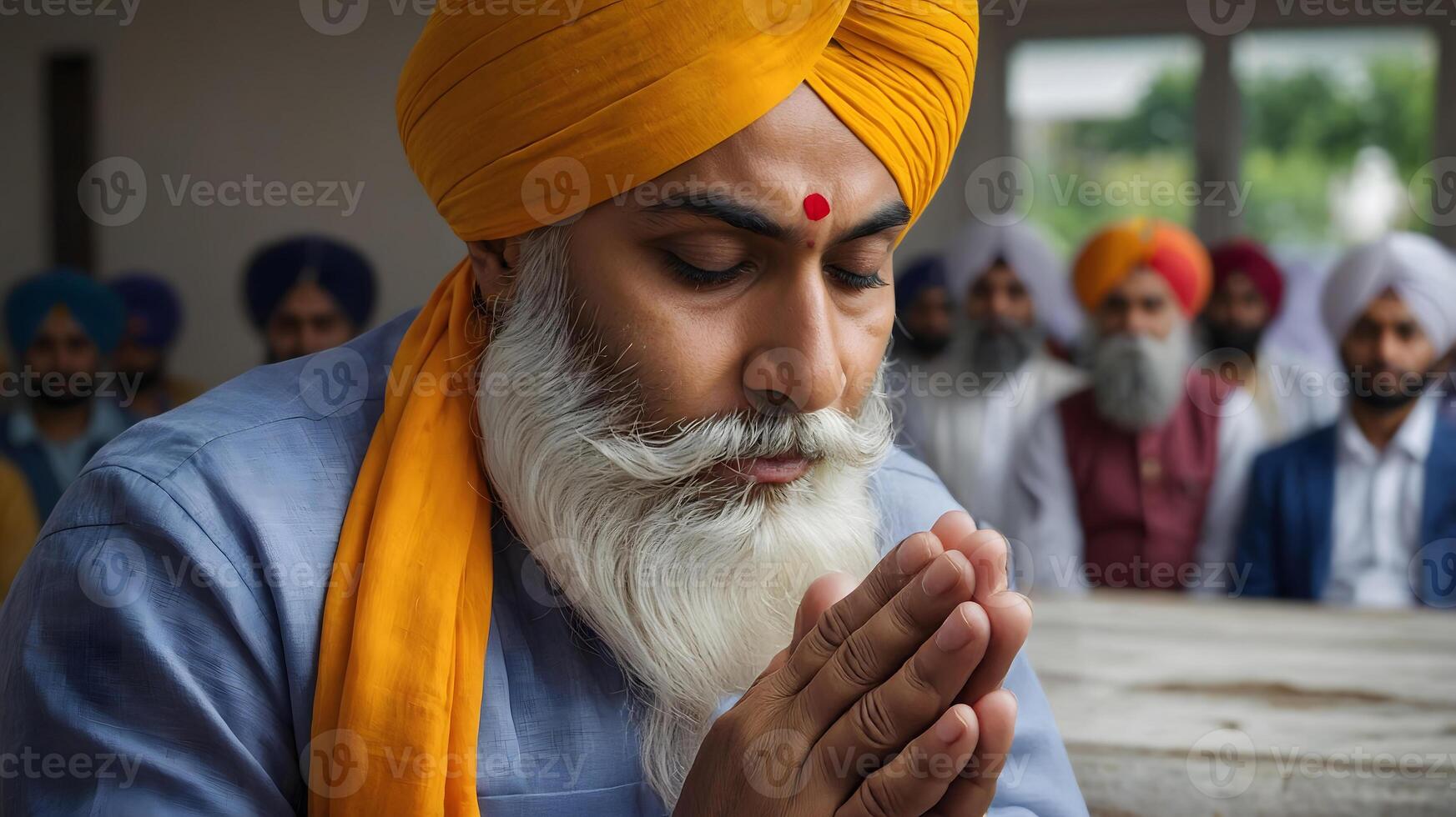 A man with a white beard and turban praying photo