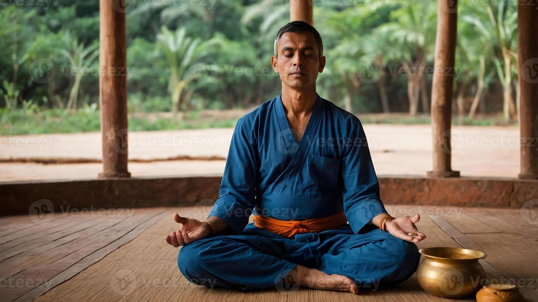 A man in blue is meditating in a lotus position photo