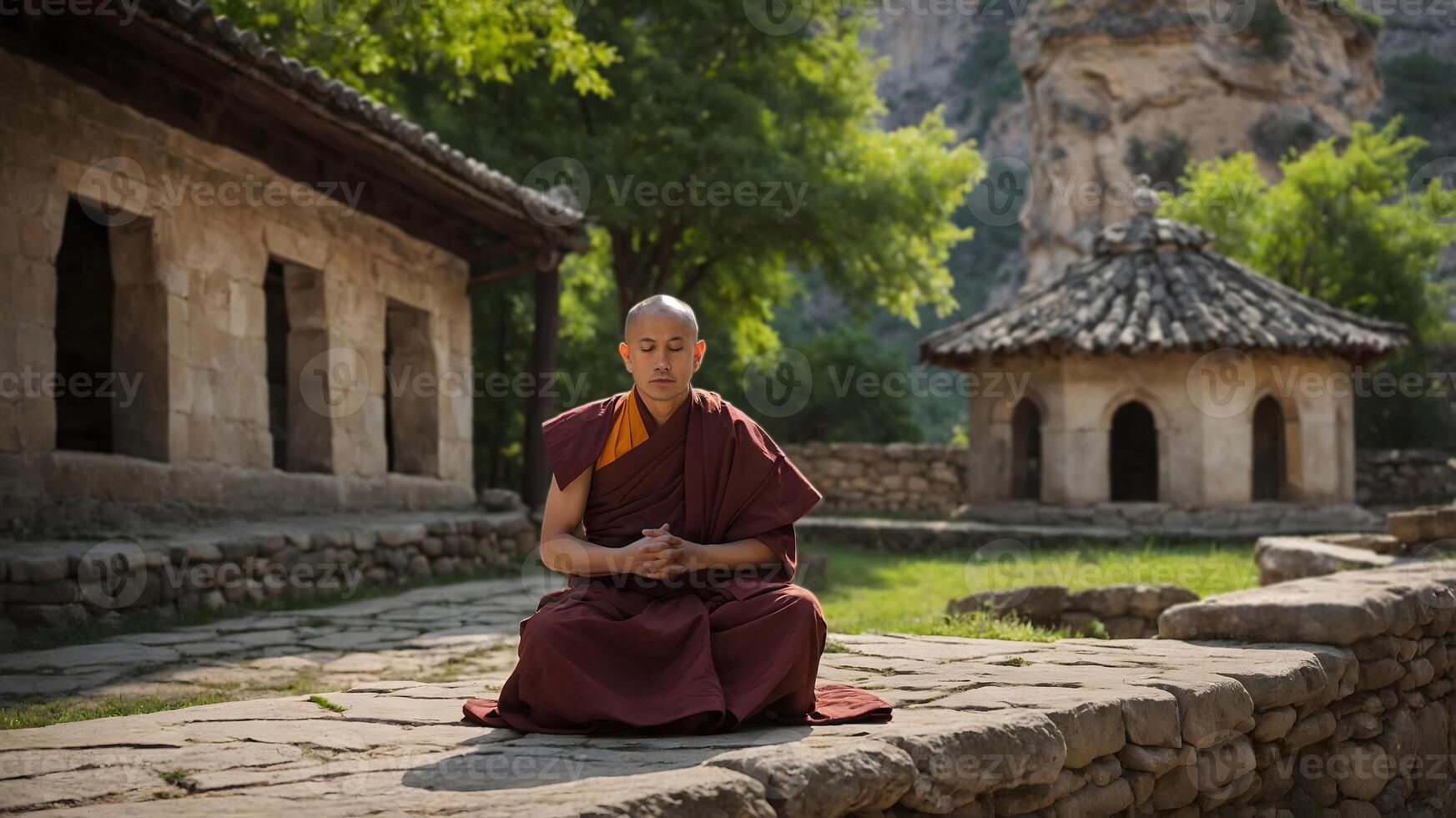A monk sitting on the ground in front of a building photo
