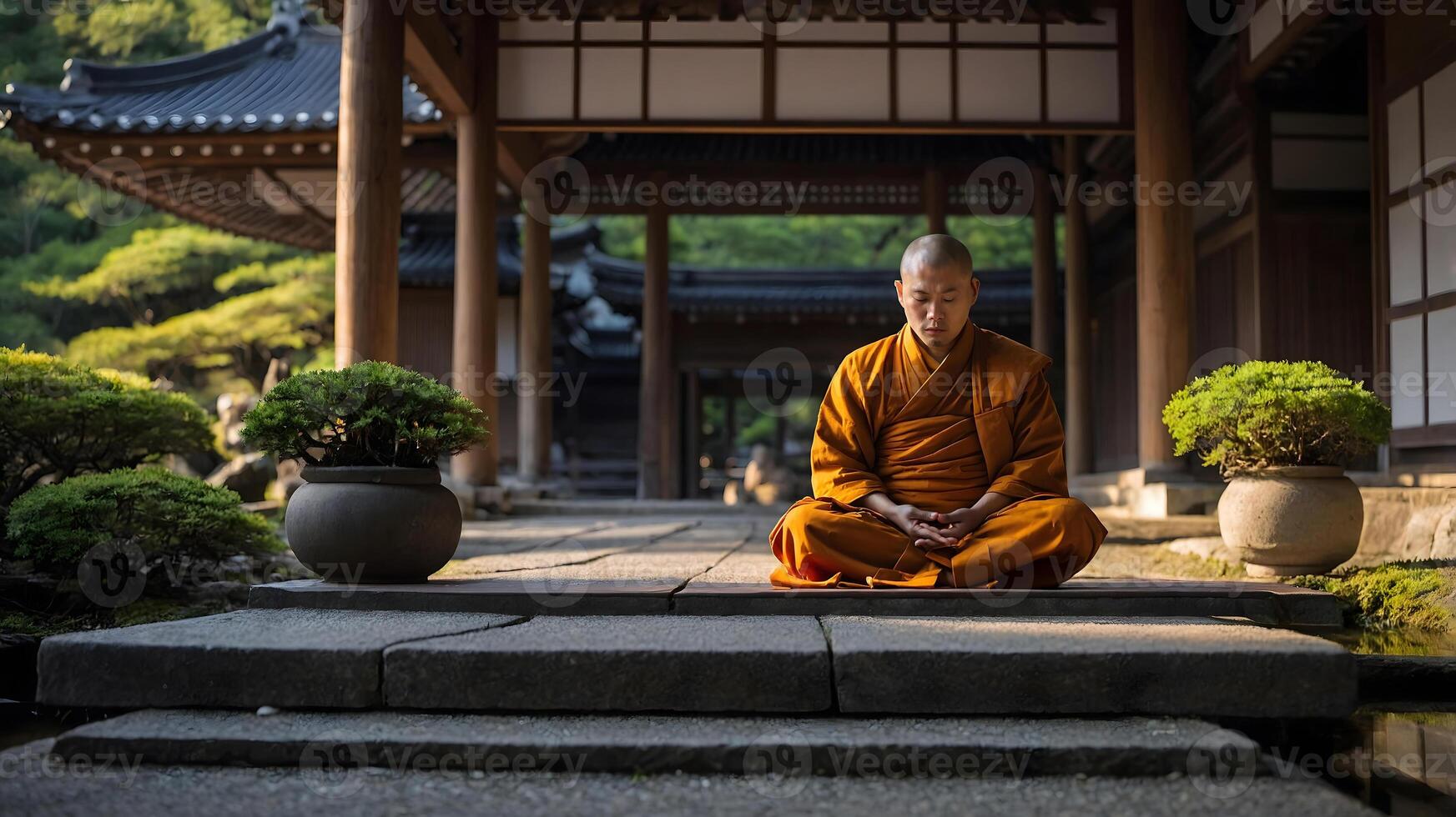 A monk sitting in meditation in a japanese temple photo