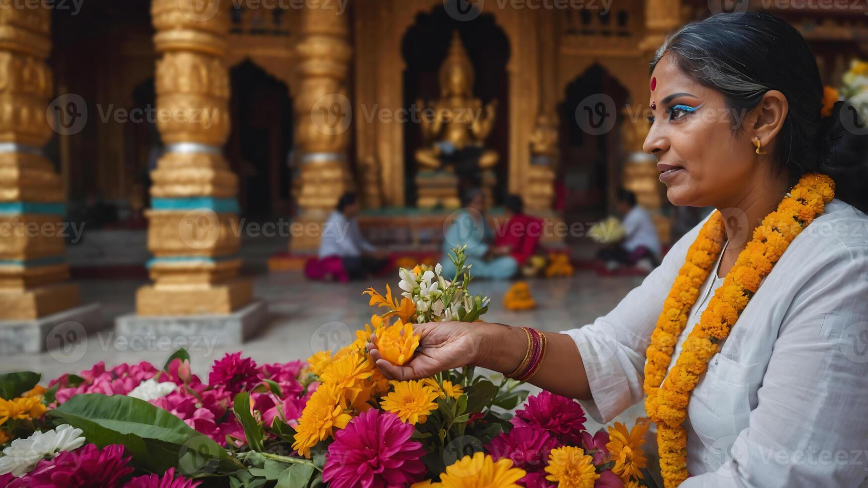 A woman in white is holding a bunch of flowers photo