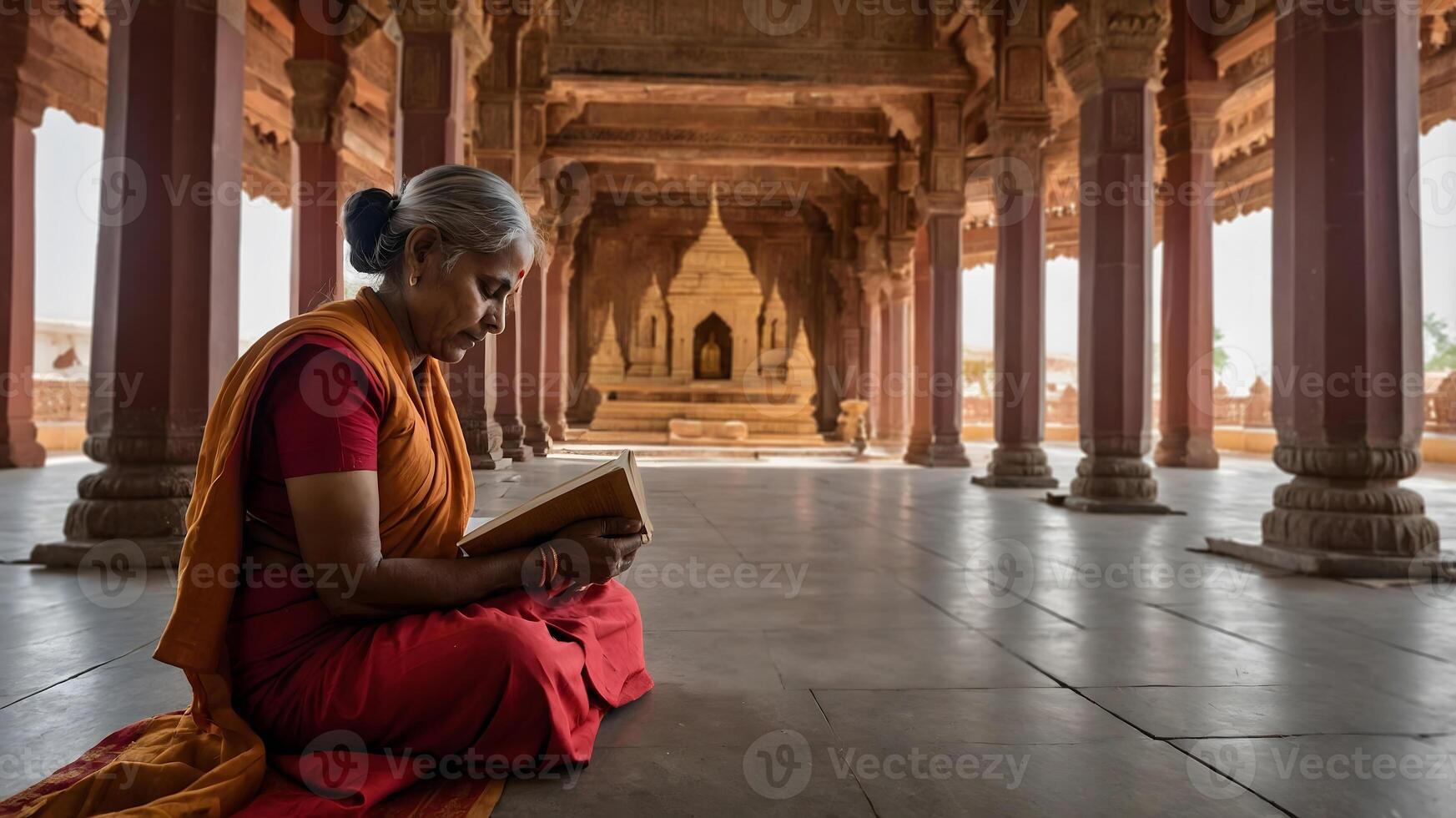 An elderly woman in an orange sari sits on the floor reading a book photo