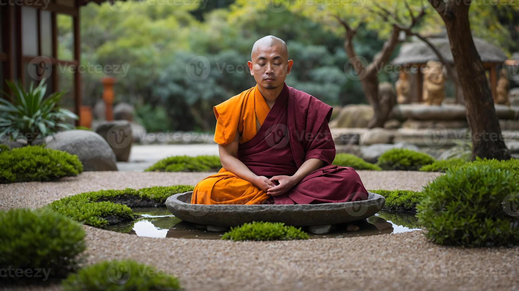 A monk meditating in a garden photo