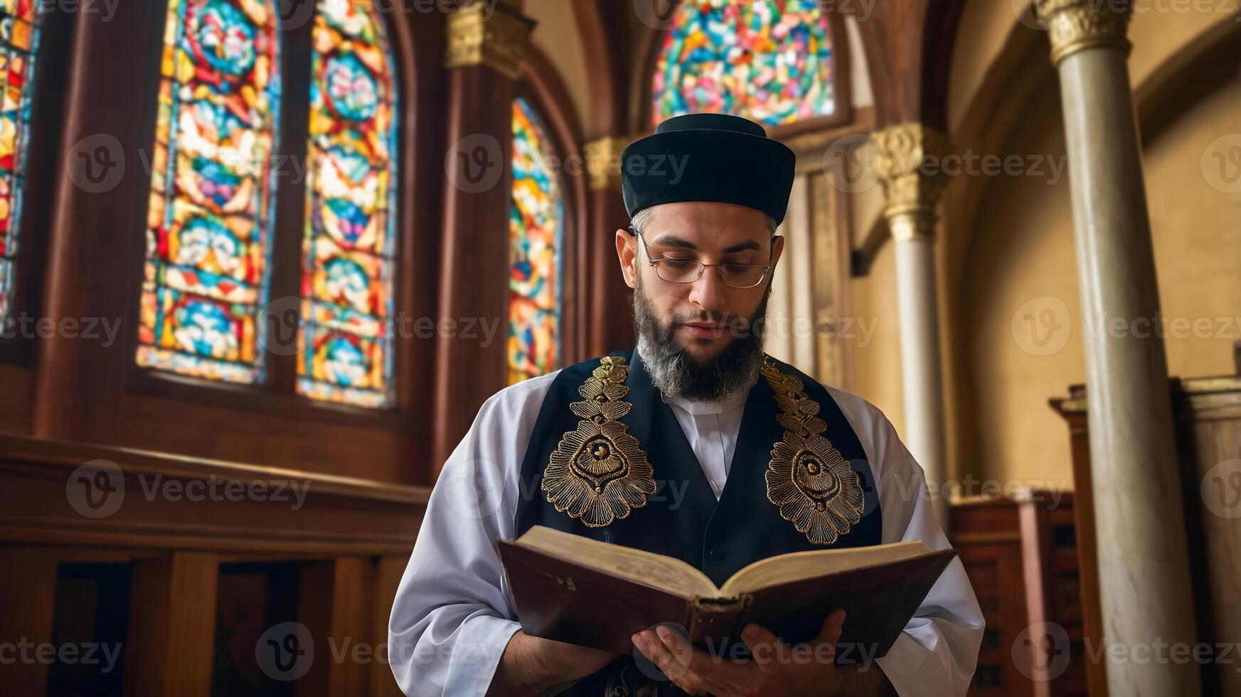 A man in a black hat and black robe is reading a book photo