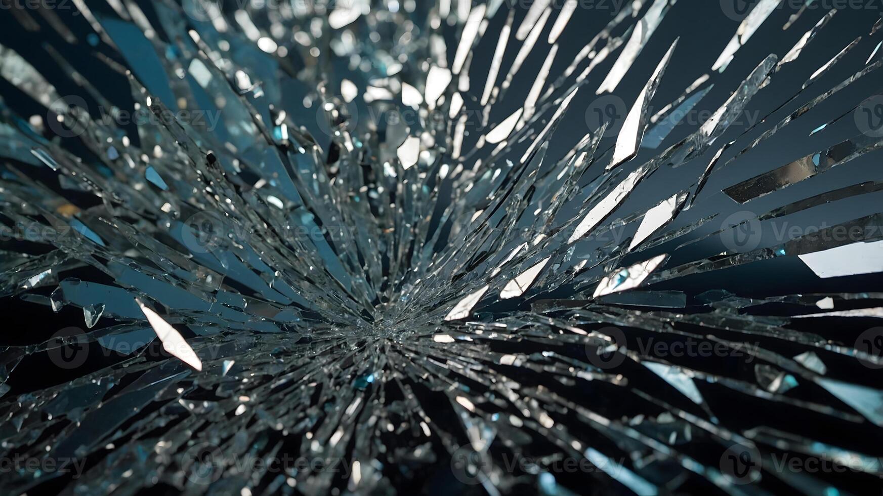 A broken glass window with a blue sky photo