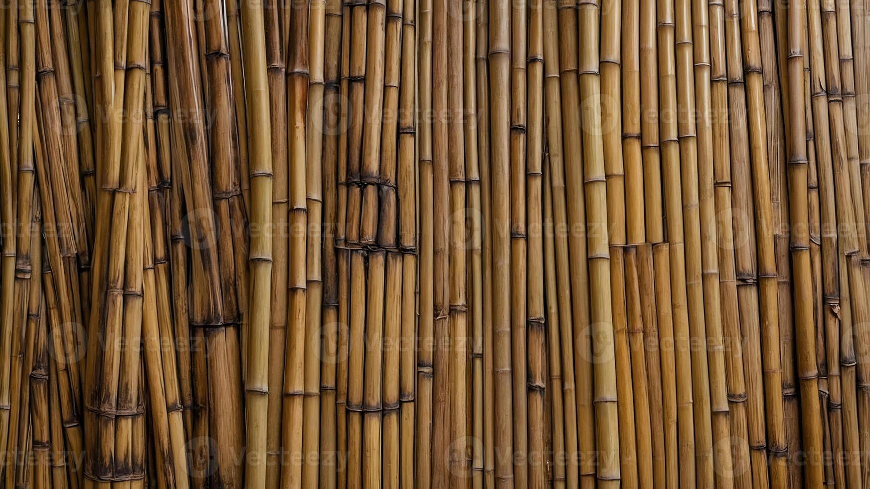 A close up of a bamboo wall with many different types of bamboo photo