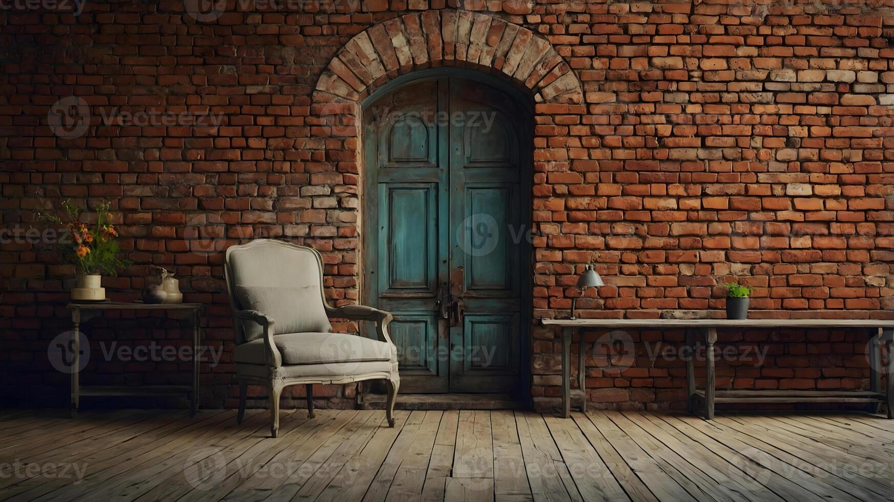 An old room with a brick wall and a chair photo