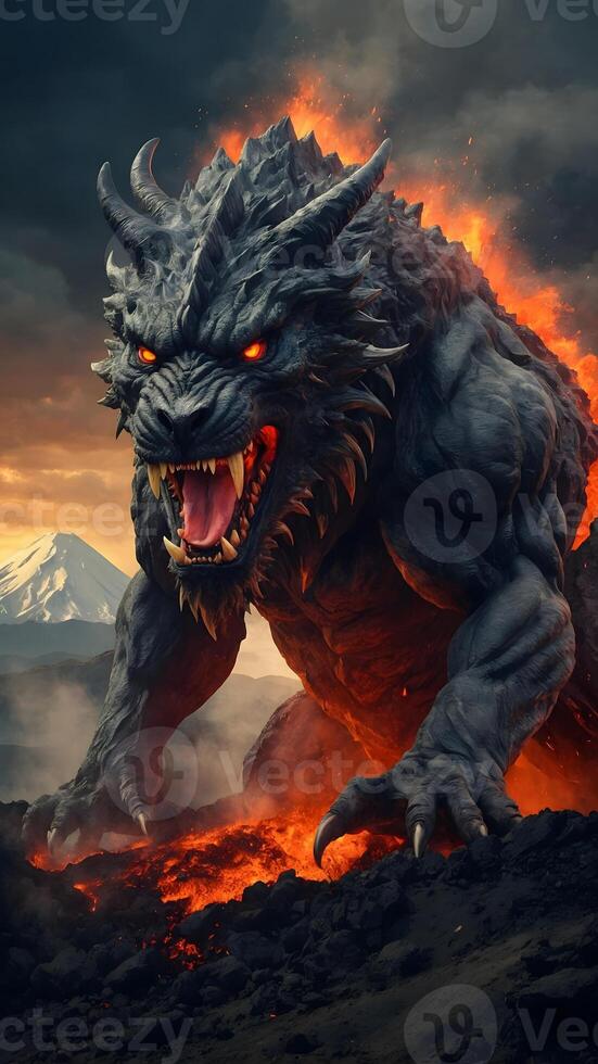 A monster with fiery eyes and a large mouth is standing on a mountain photo