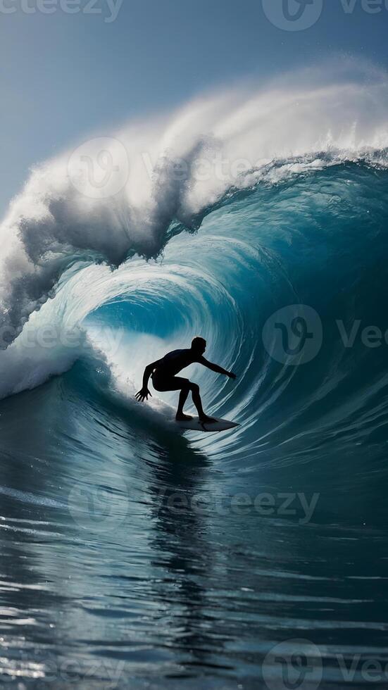A surfer riding a large wave in the ocean photo