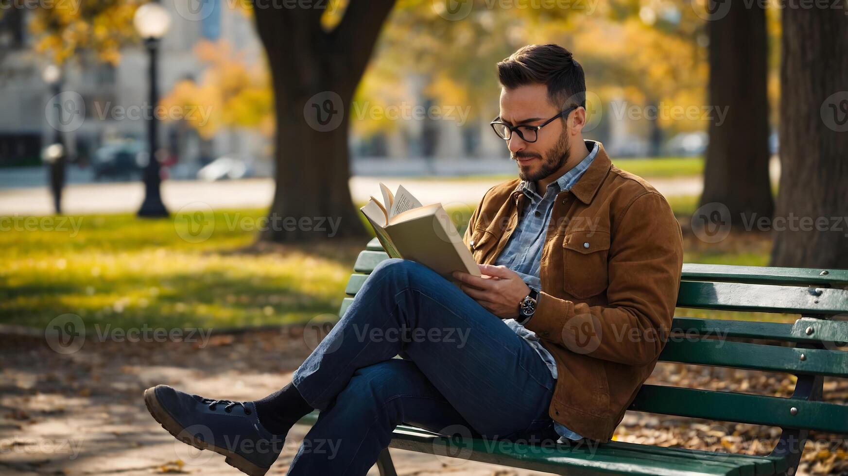A man is sitting on a park bench reading a book photo