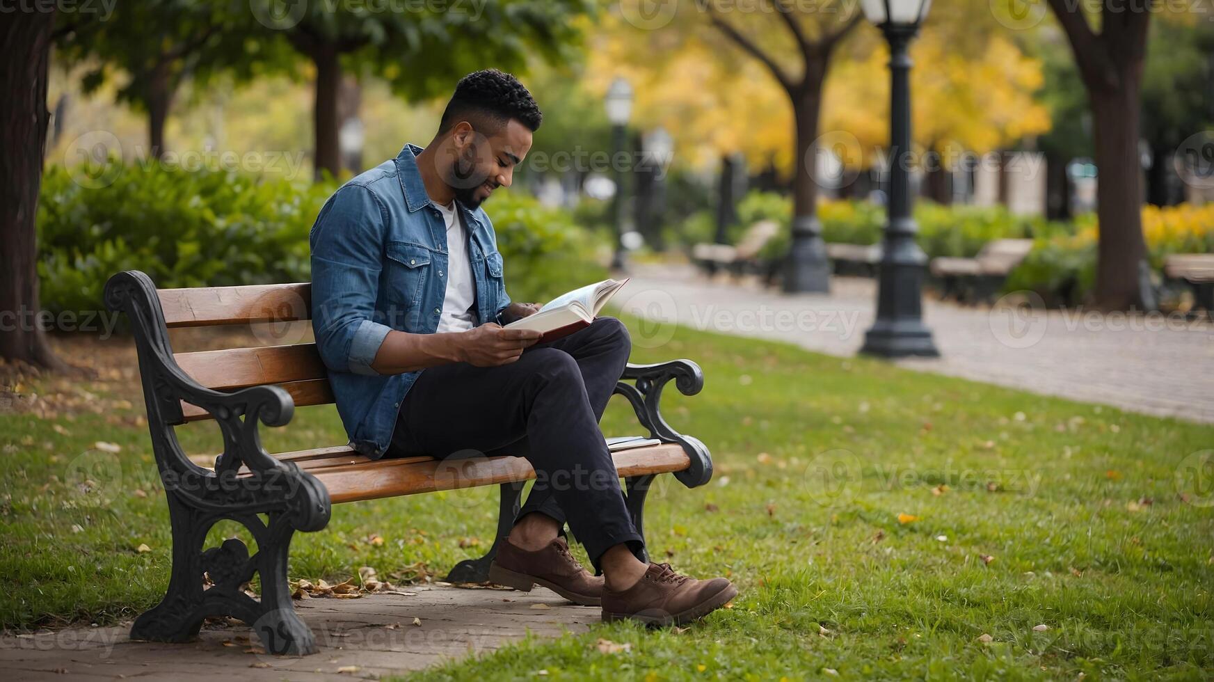 A man sitting on a park bench reading a book photo