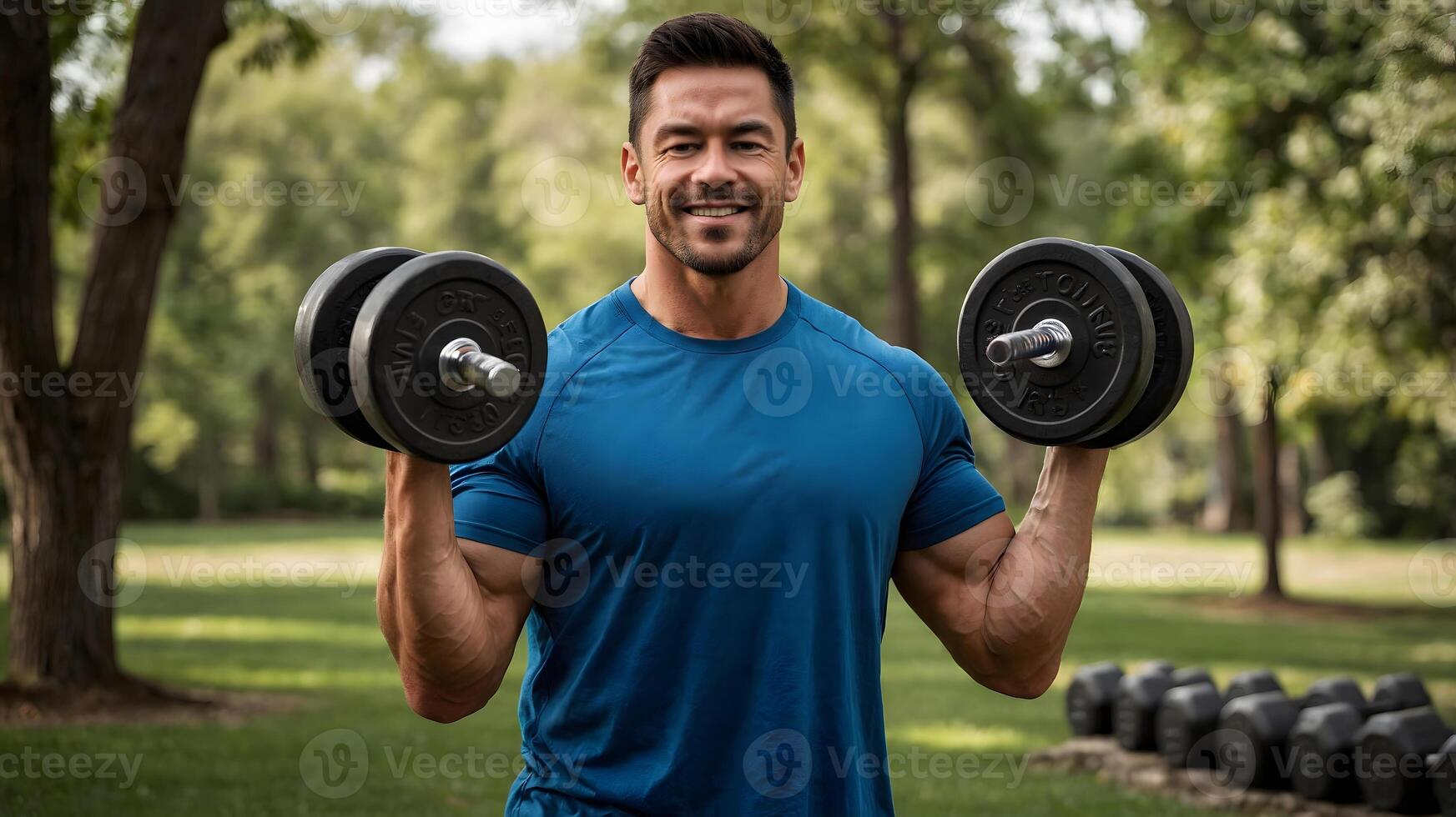 A man is lifting two dumbbells in the park photo
