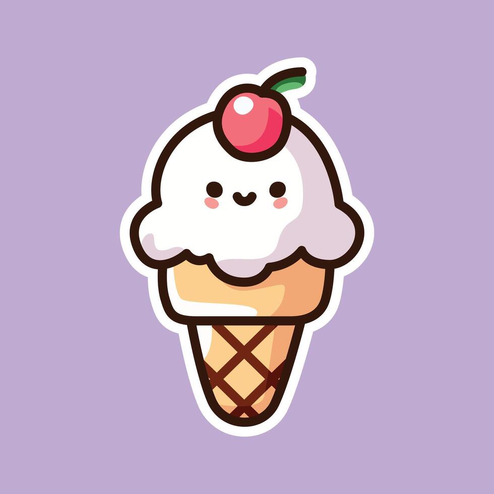 Smiling White Ice Cream Cone with Cherry - Cartoon Illustration vector