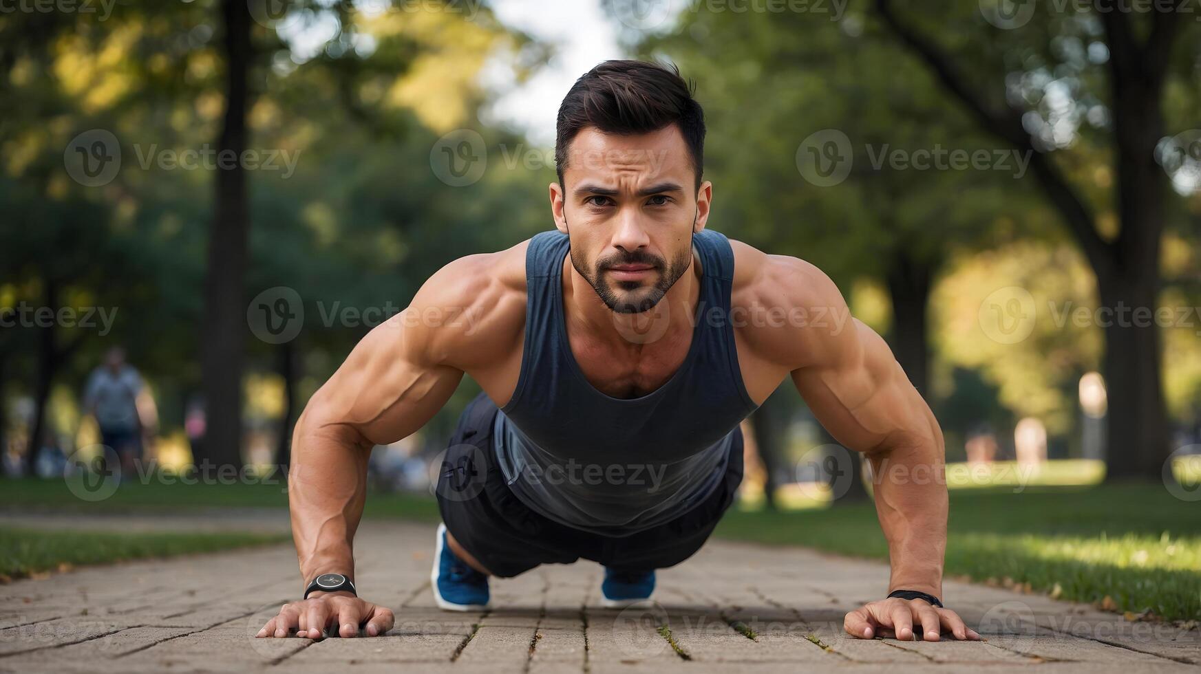 A man is doing push ups on the ground photo