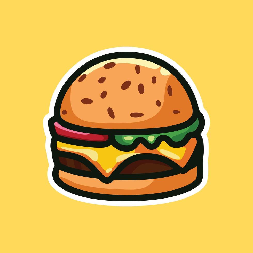 Cartoon Cheeseburger with Sesame Bun on Yellow Background - Fun Food Illustration vector