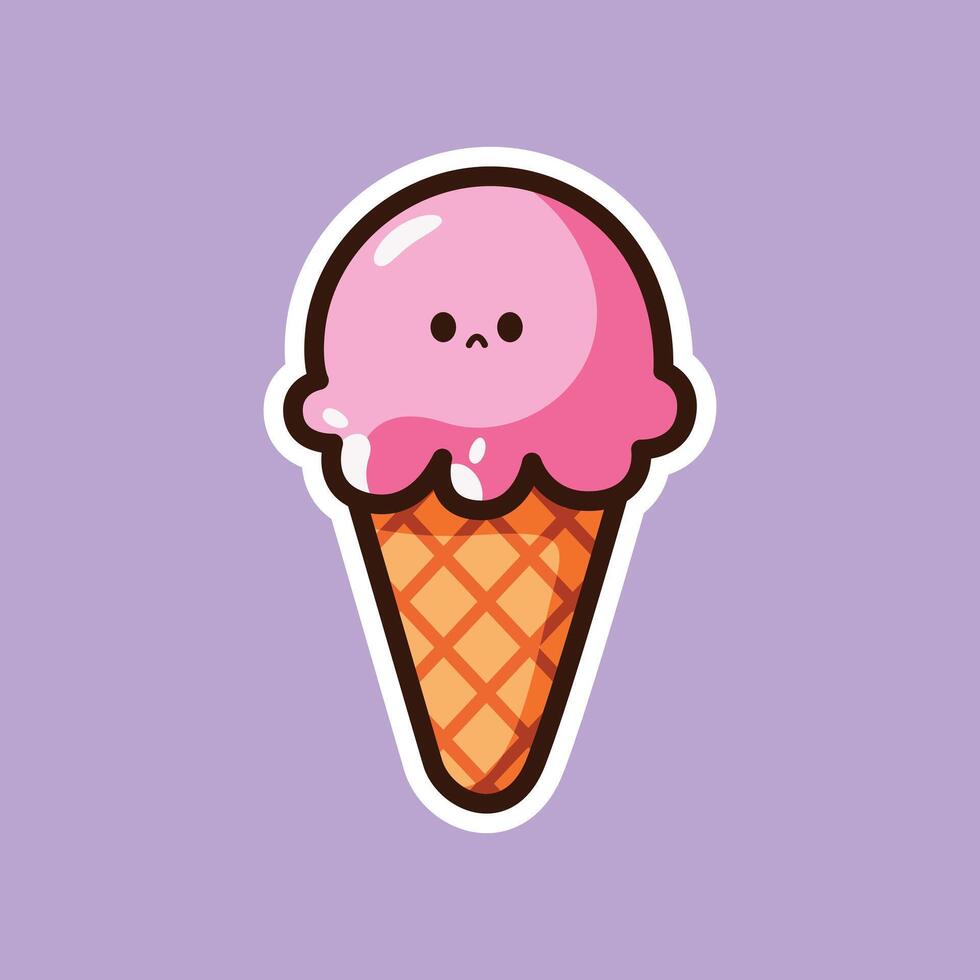 Pink Ice Cream Cone with Cute Face - Whimsical Illustration vector