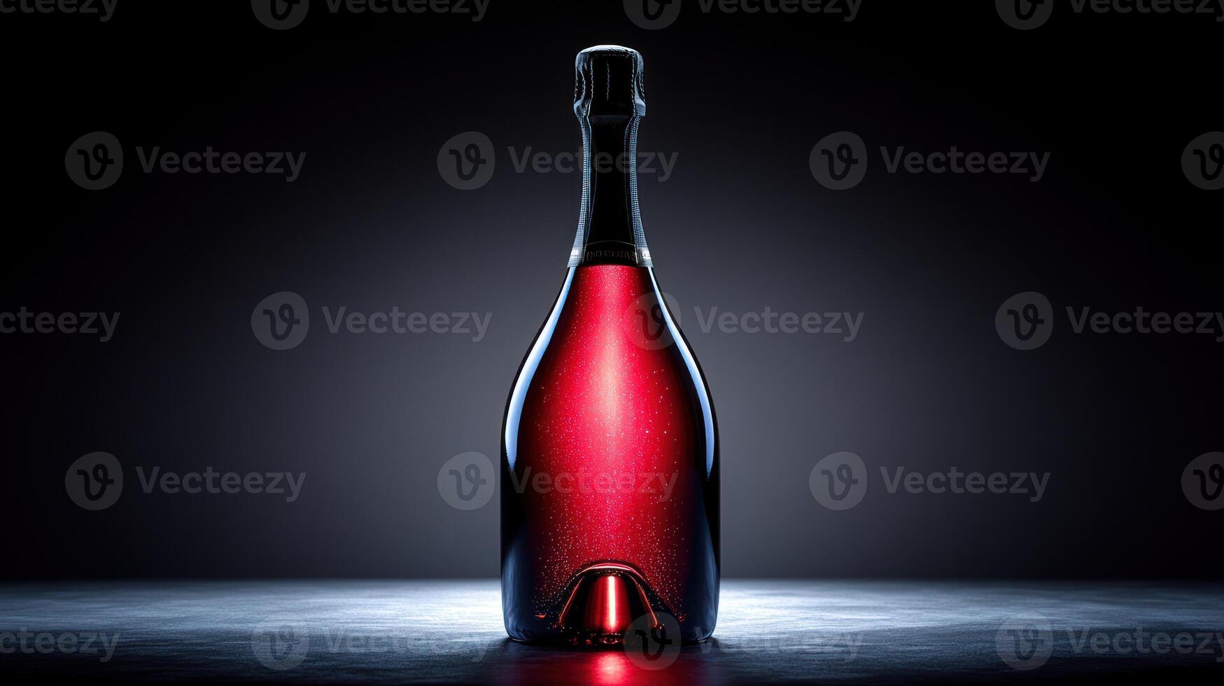 A striking red sparkling wine bottle stands against a dark backdrop, showcasing its elegance photo