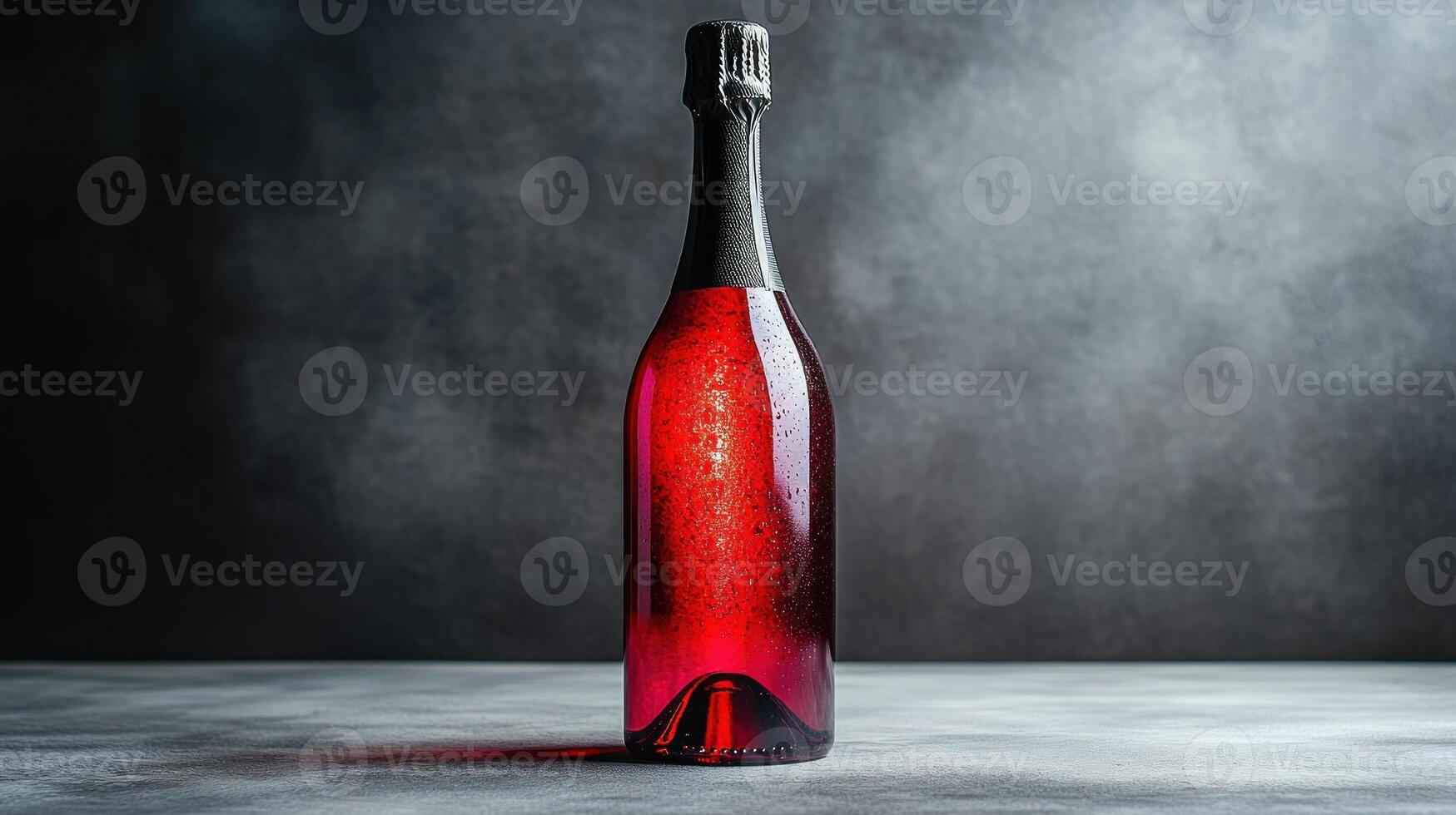 A striking bottle of sparkling red wine stands upright, exuding elegance in a moody ambiance photo