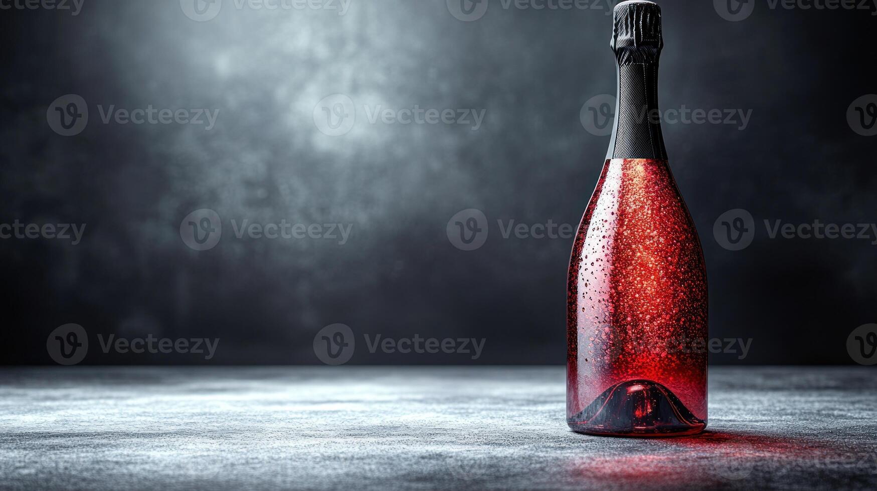 A stunning bottle of sparkling red drink showcases bubbles and reflections in a moody setting photo