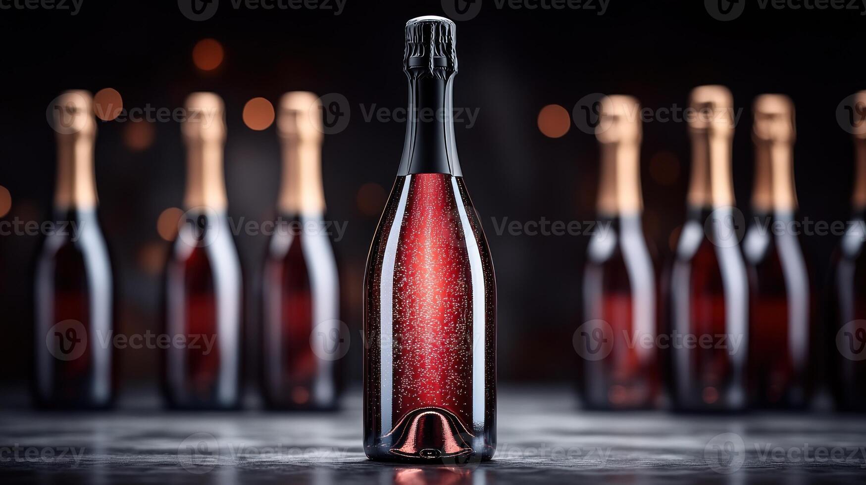 A vibrant bottle of sparkling red drink shines amid elegantly arranged bottles photo