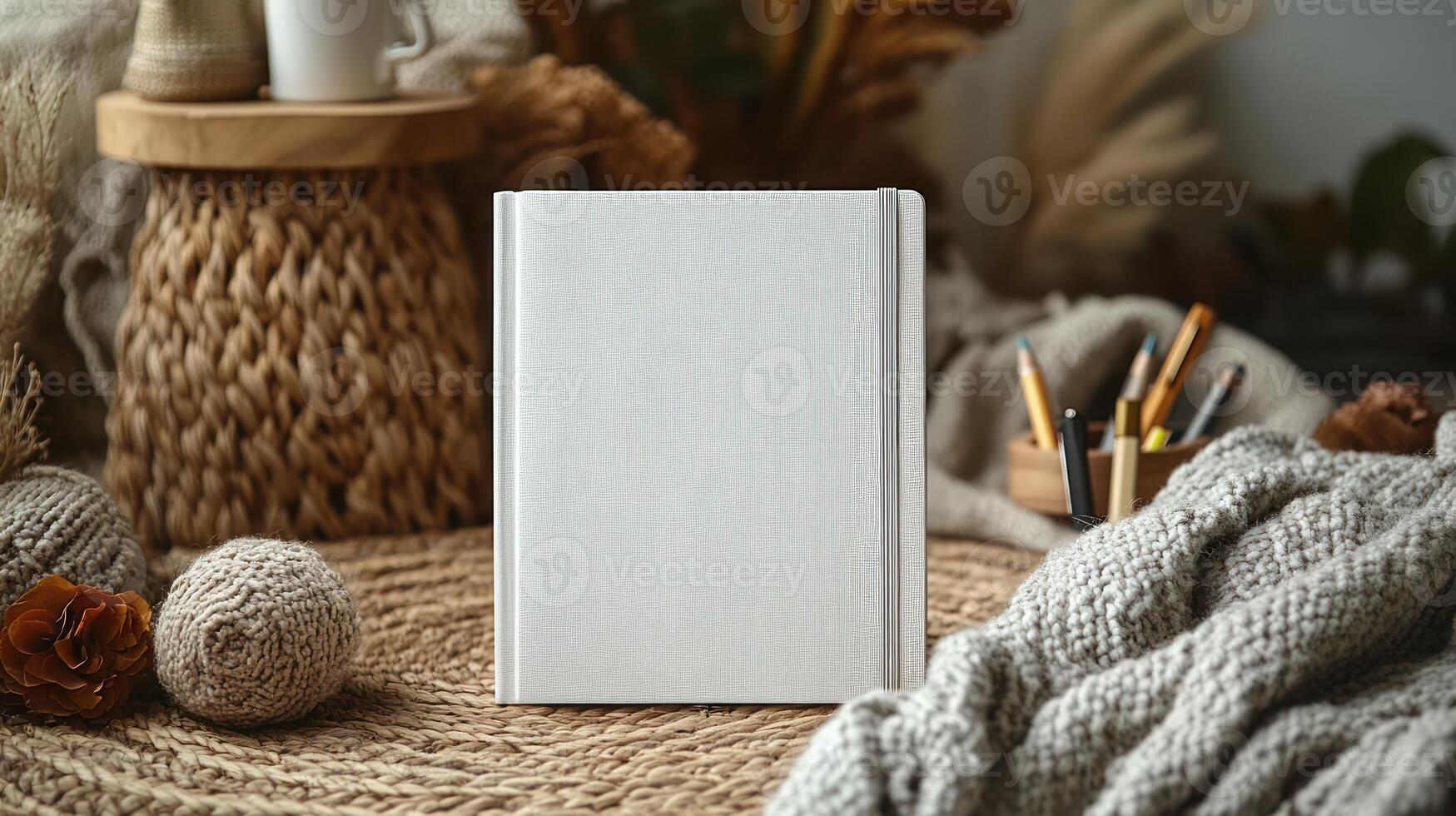 A tranquil setting features a blank journal, soft yarn, and warm elements inviting creativity photo