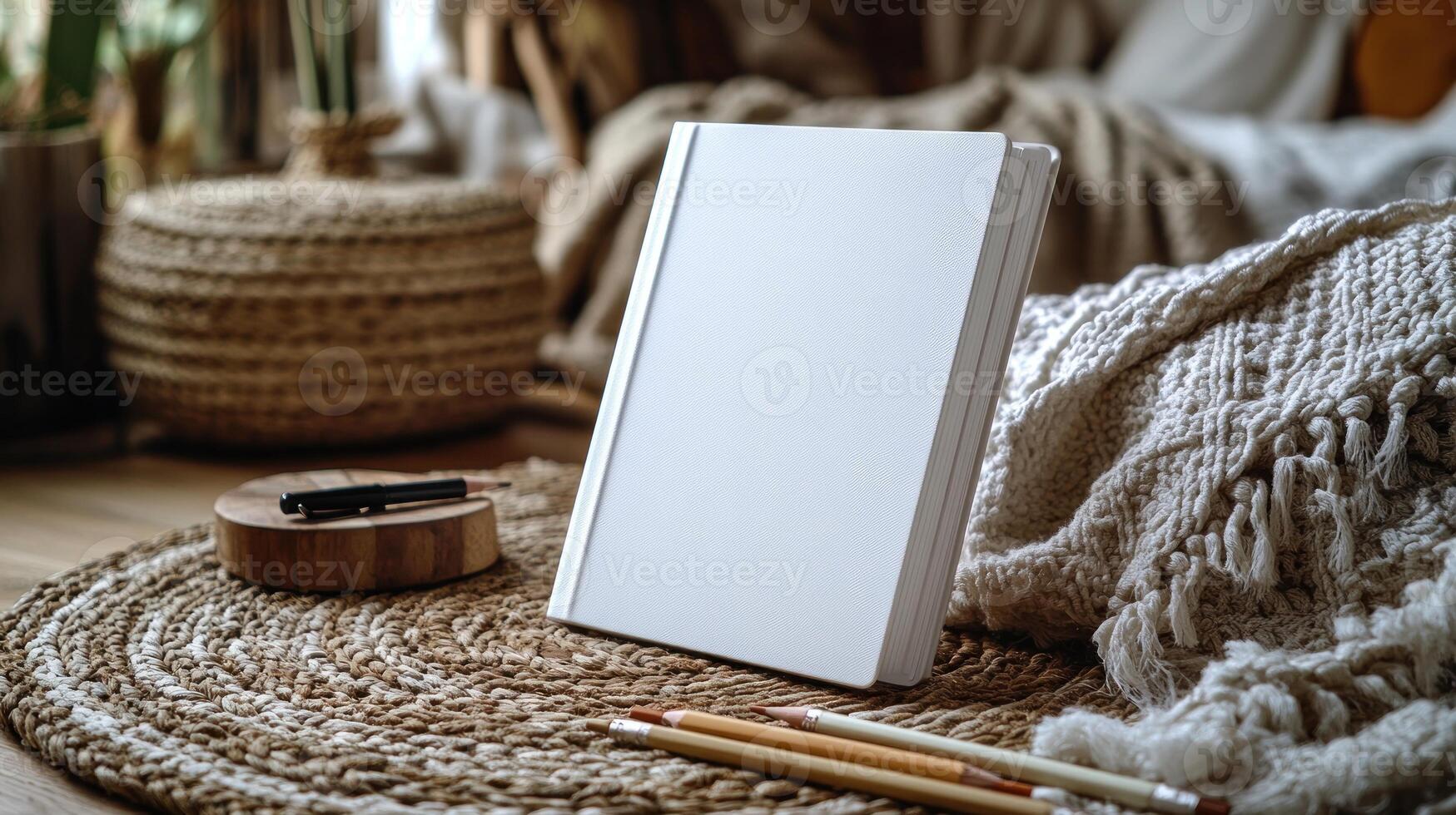 A blank notebook on a woven mat in natural light sparks creative thoughts and ideas photo
