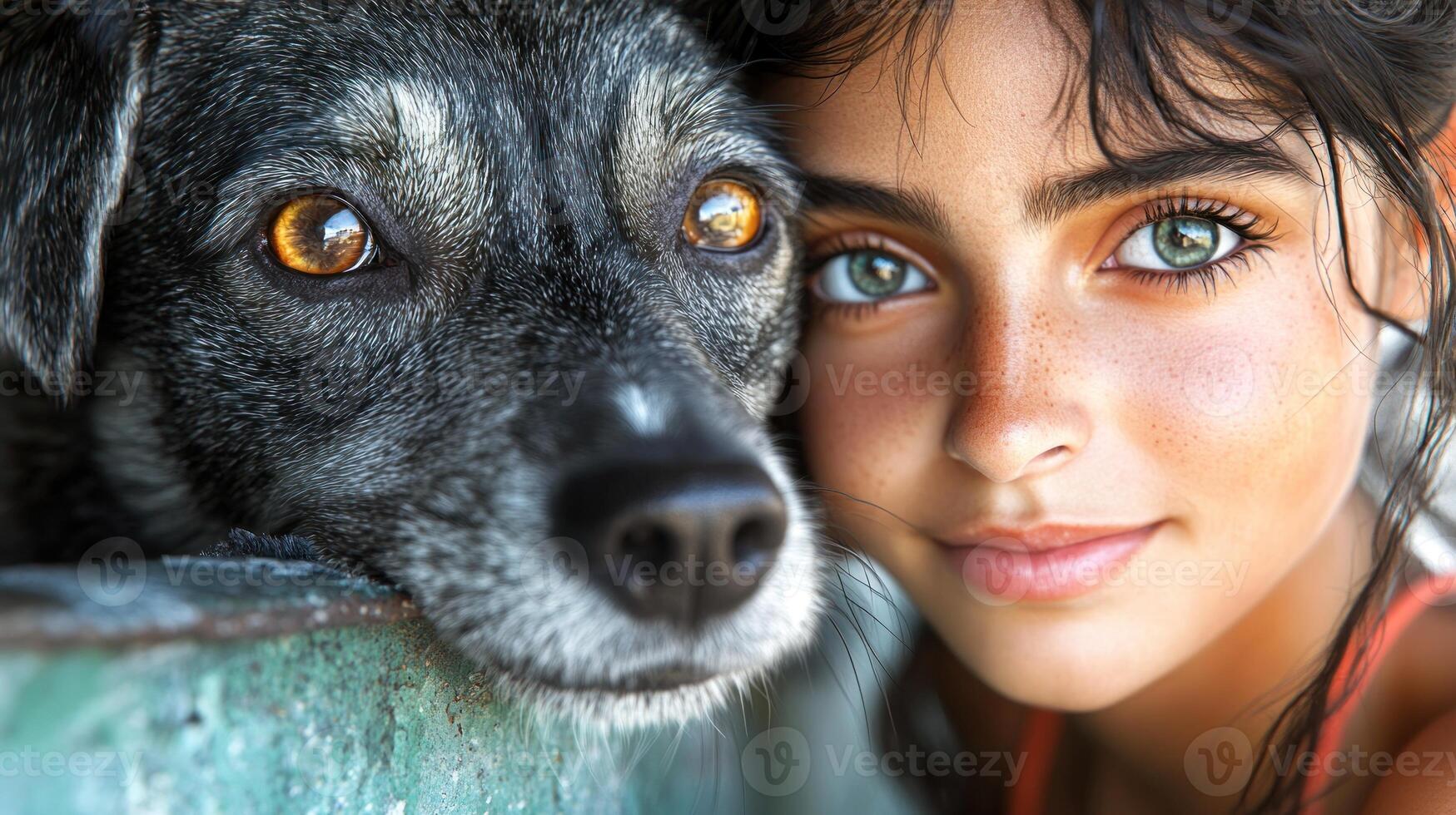 A young girl shares a heartwarming moment with her dog, both radiating happiness and trust photo