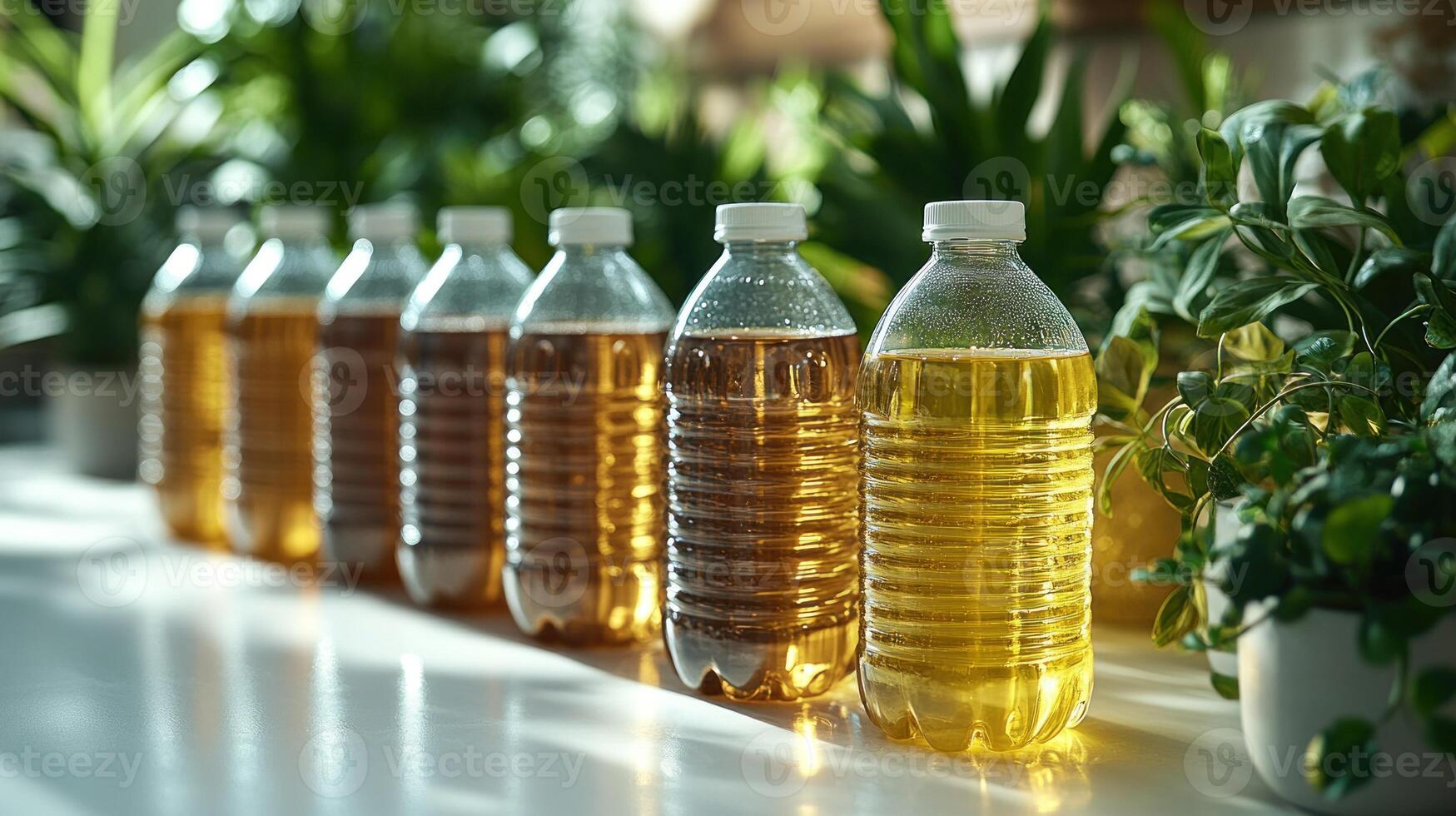 Bottles filled with golden liquid glisten in the sunlight, creating a warm, inviting atmosphere photo