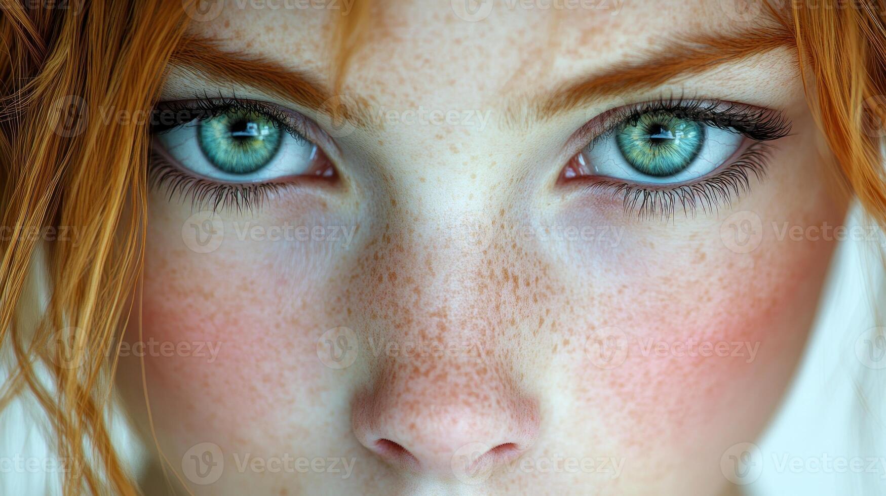 A captivating portrait features a young figure with bright green eyes and vivid red curls photo