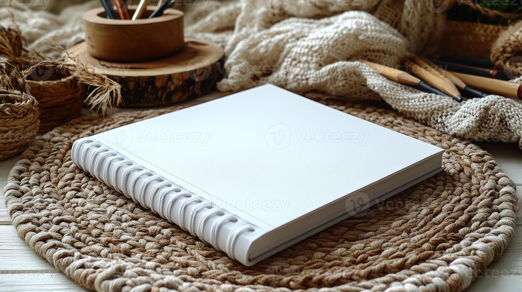 Quiet workspace with an open notebook, inviting creativity amidst cozy decor and natural textures photo