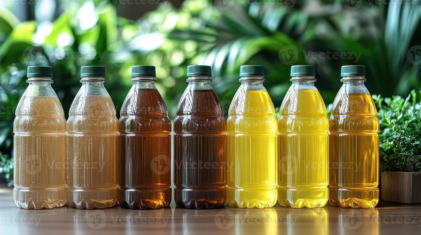 A lineup of various drinks showcases diverse colors in a vibrant setting photo