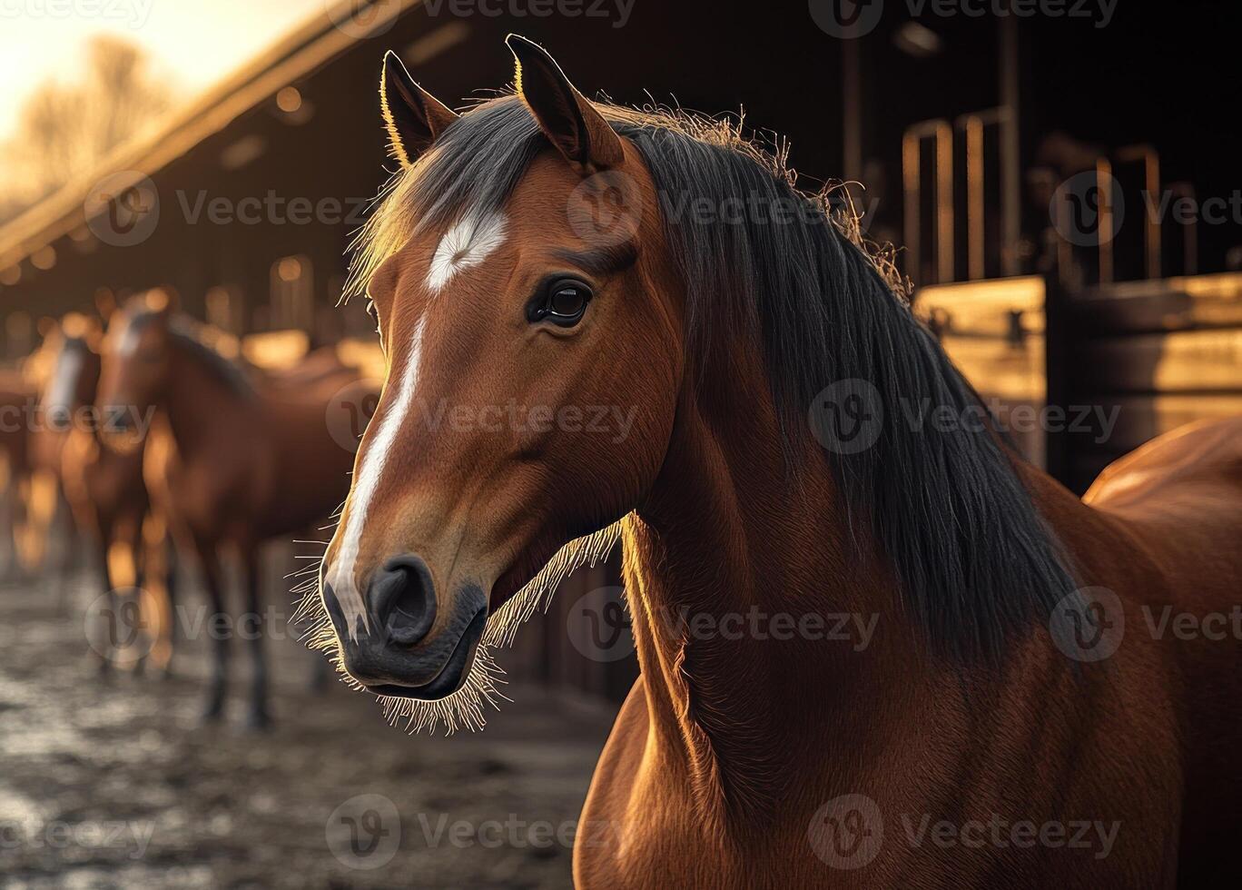 A beautiful horse gazes calmly in a rustic barn during golden hour, surrounded by fellow horses photo
