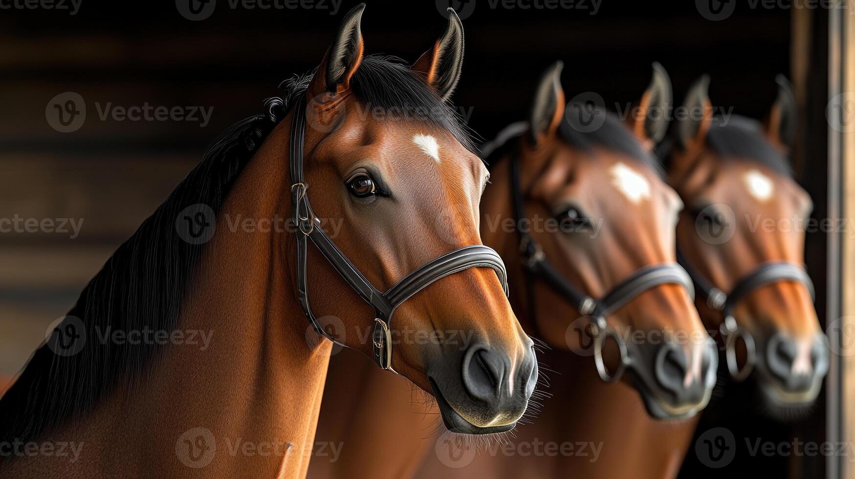 Three majestic horses with glistening coats pose closely in a warm, inviting stable environment photo
