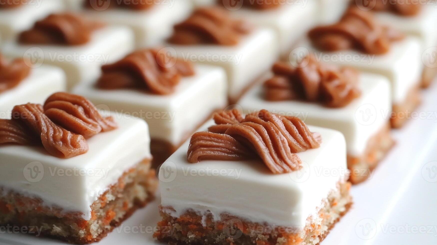 Moist cake squares with creamy frosting and elegant piping on a white platter photo