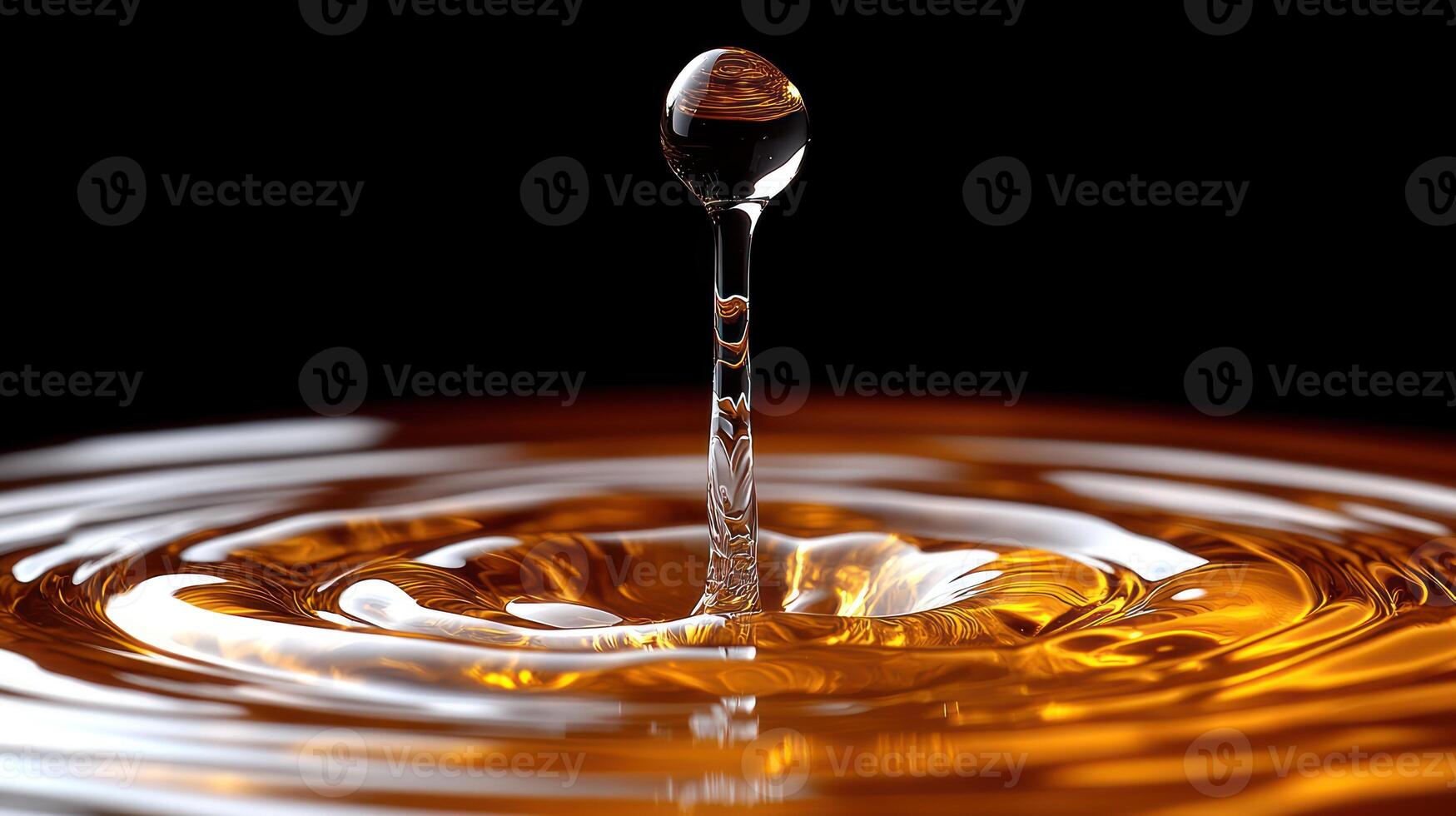 A droplet falls gracefully into a shimmering liquid, sending ripples across a golden surface photo