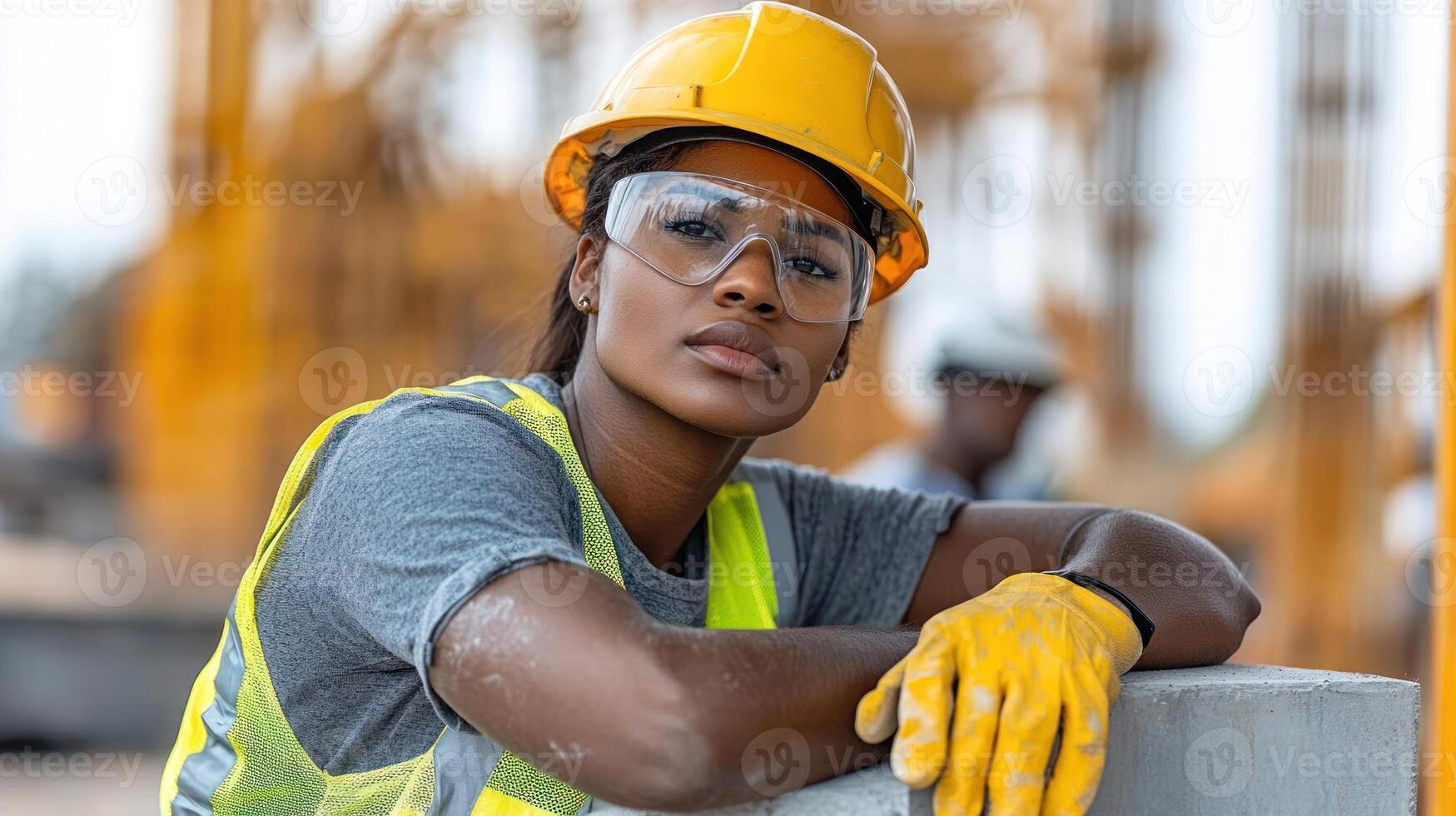 A determined worker rests on a barrier at sunset on a construction site photo