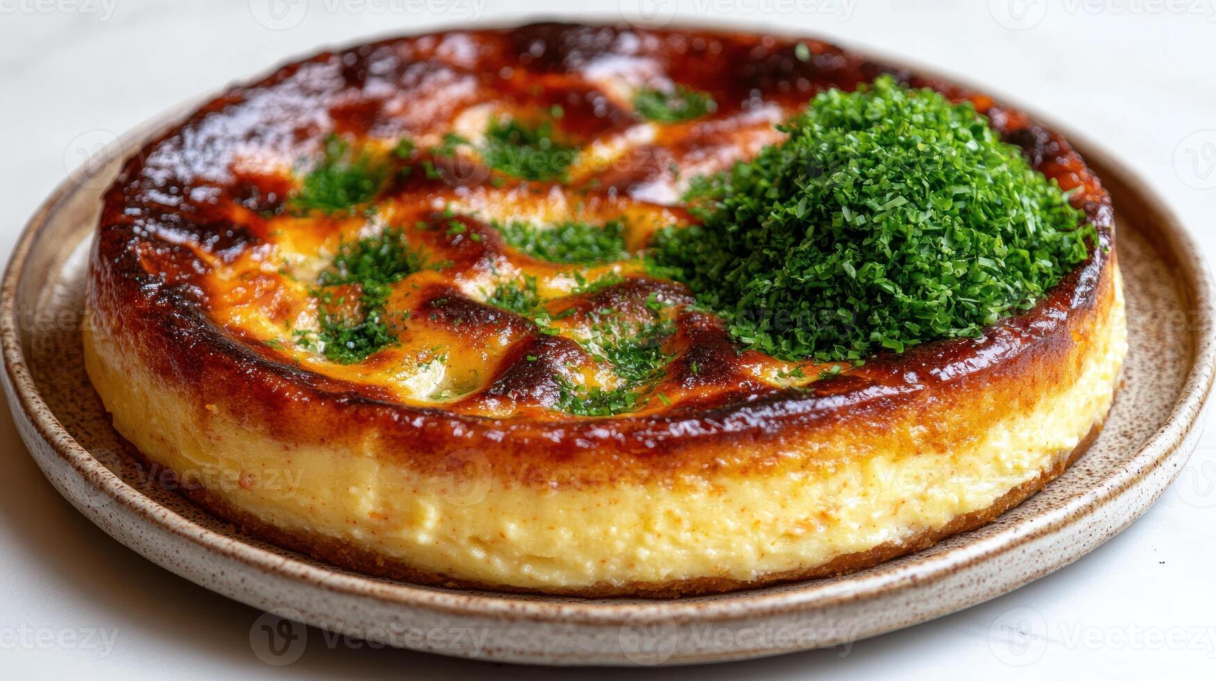 A delicious dessert with a golden crust topped with vibrant green herbs photo